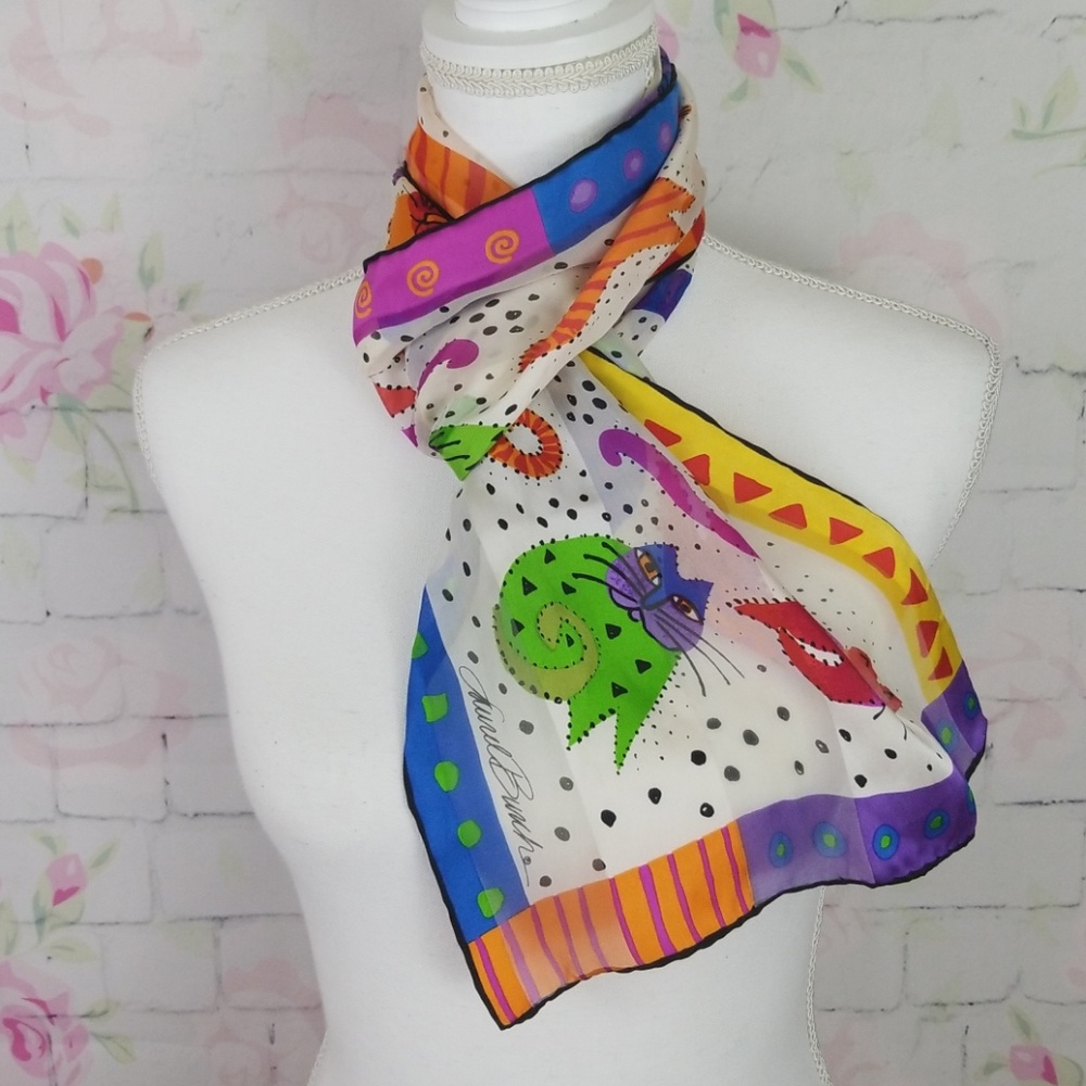 Laurel Burch silk cat scarf oblong bright colors!